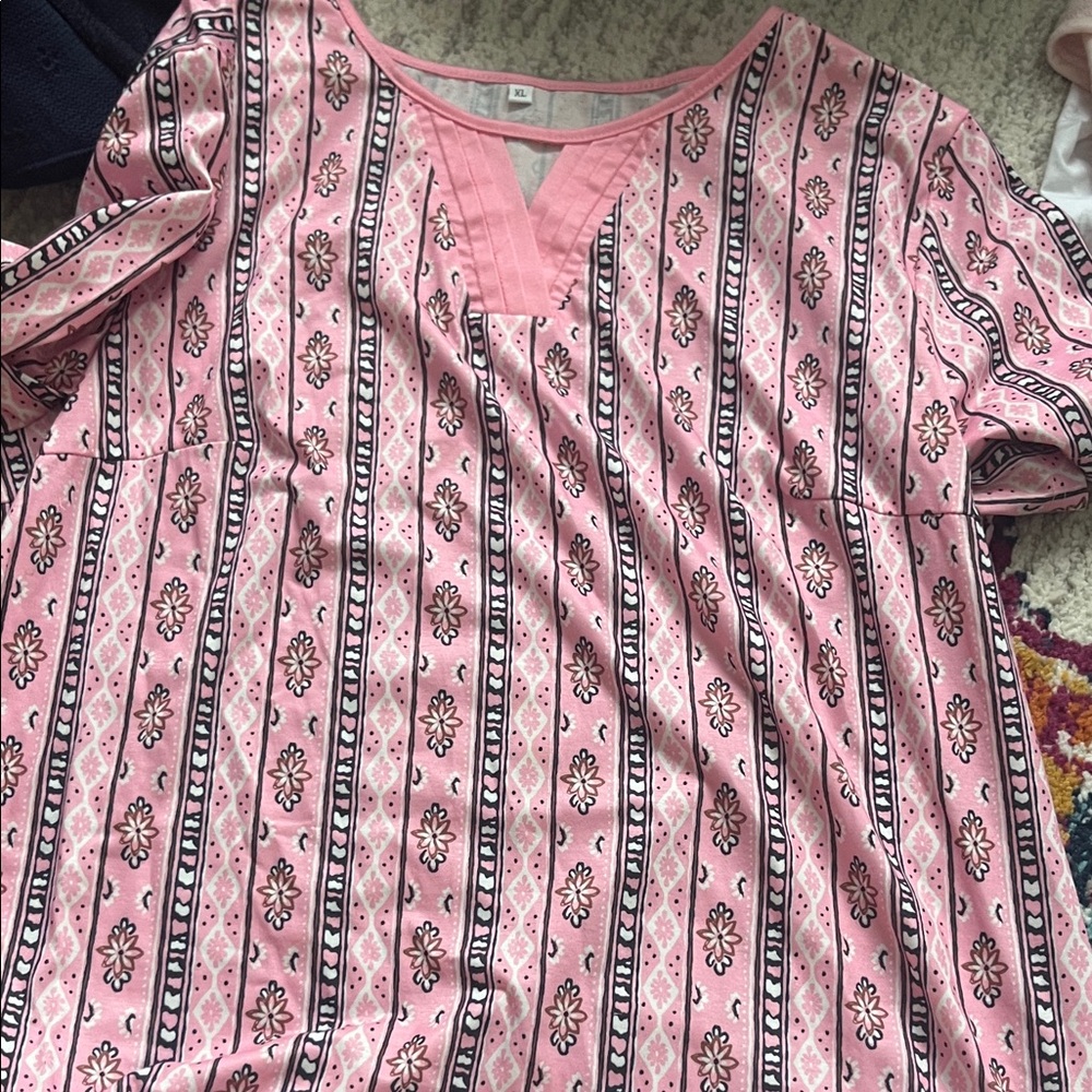 Pink Patterned V-Neck Blouse